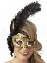 Maschera Piuma Lunga Nero Oro